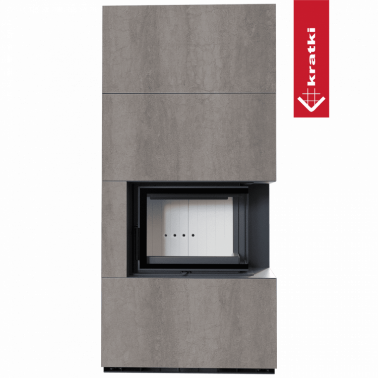 Каминокомплект Kratki PRO FLOKI BOX NATURALI PIETRA DI SAVOIA GRIGIA BOCCIARDATA, угловое стекло справа (Белая футеровка)